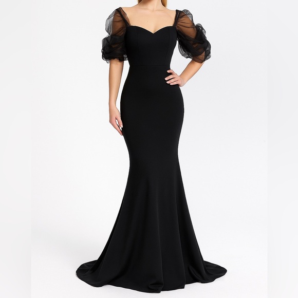 Elegant Black Maxi Dress Sheer Puff ruffle party Sleeves stretch Size L